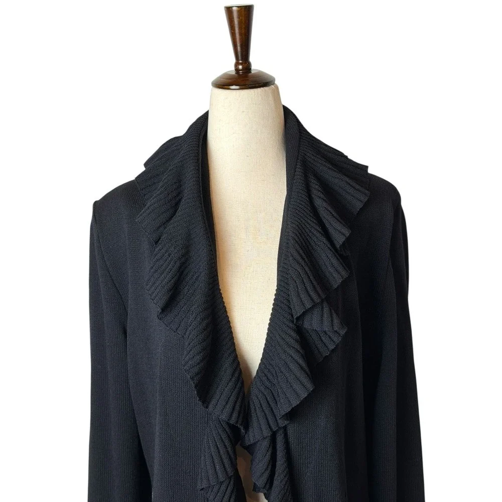 St John Collection Ruffle Knit Maxi Cardigan Women 6 Black Excellent Belted - Picture 4 of 11